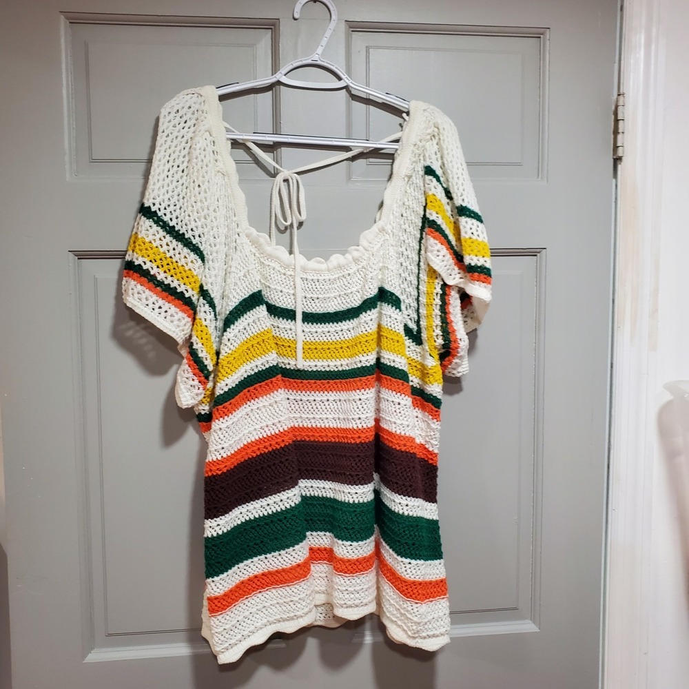 Torrid Women Striped Knit Cotton Crochet Top Size 4 100% Cotton Short Sleeves